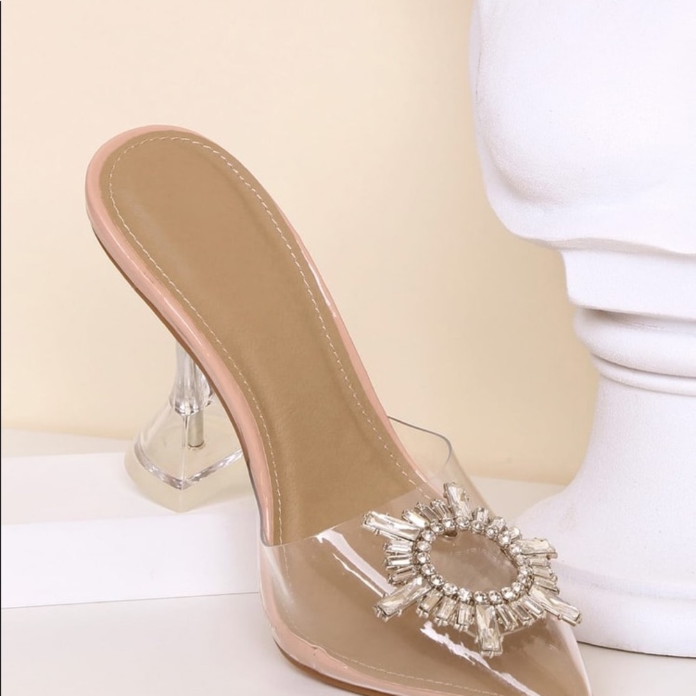 Light nude embellished pointy toe heels